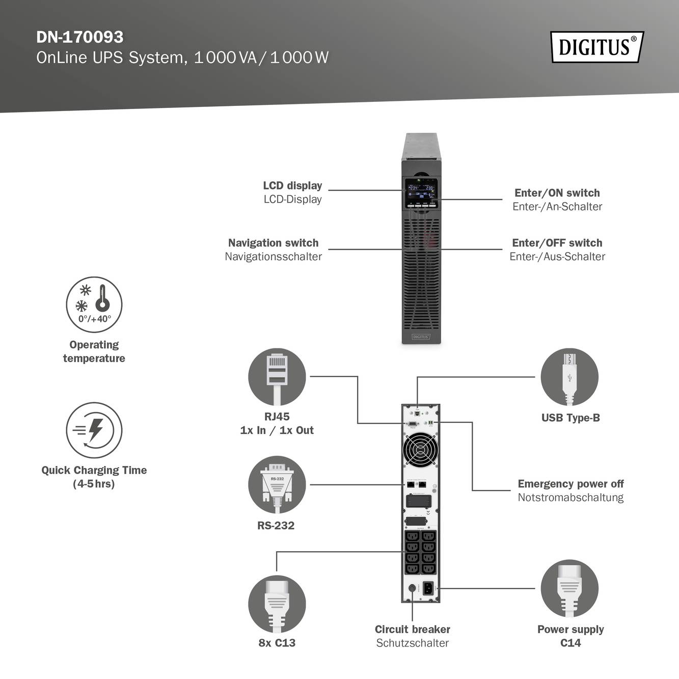 'Digitus DN-170093 Système onduleur en ligne, 1000VA / 1000W' avec écran LCD, port USB de type B, bouton d'arrêt d'urgence et deux blocs de 8 prises C13.