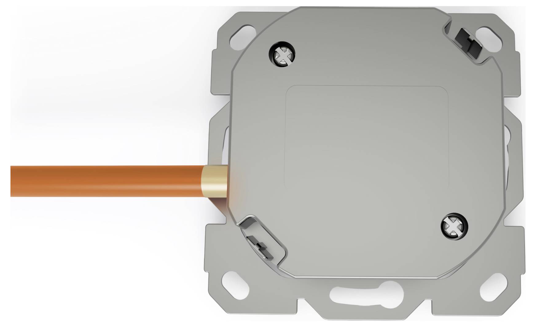 Un boîtier de jonction métallique avec un câble orange connecté sur le côté gauche. Le boîtier est fixé sur une surface avec des trous de vis apparents.