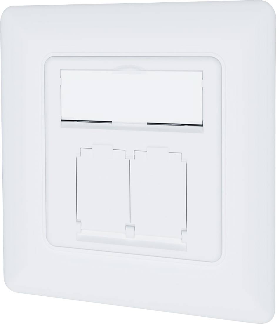 Un panneau électrique blanc fixé au mur avec deux ports fermés, adapté aux connexions réseau dans un environnement domestique ou de bureau.
