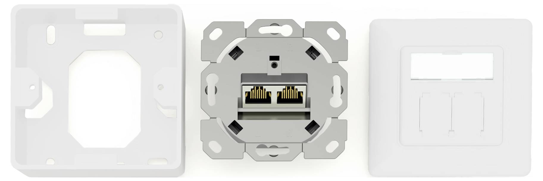 L'image montre une prise murale démontée avec un cadre sur la gauche, une unité centrale avec deux ports Ethernet au milieu, et un couvercle sur la droite.