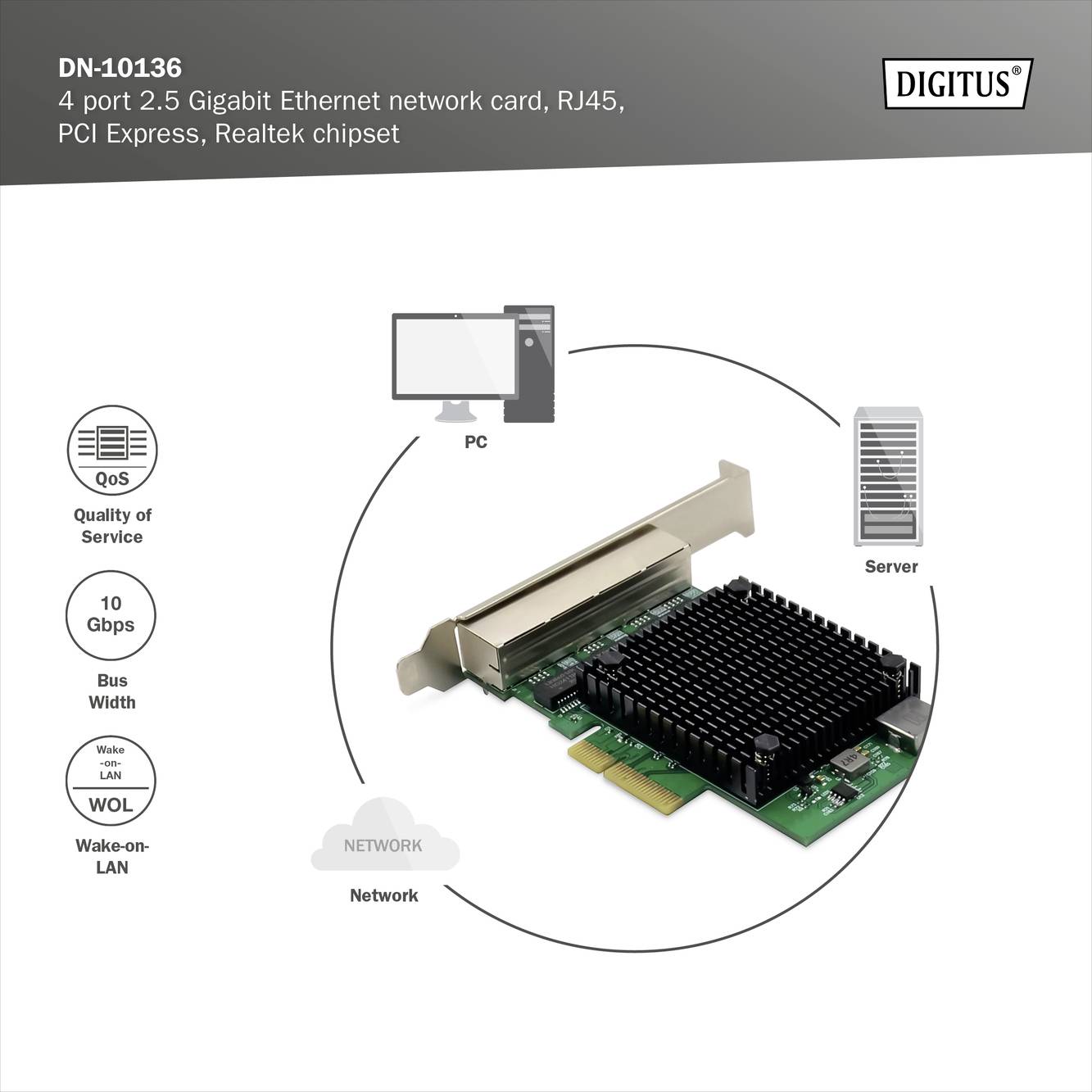 Carte réseau avec 4 ports RJ45 et puce Realtek. Adaptée aux applications PC et serveur avec une vitesse de 10 Gbps et support WOL.