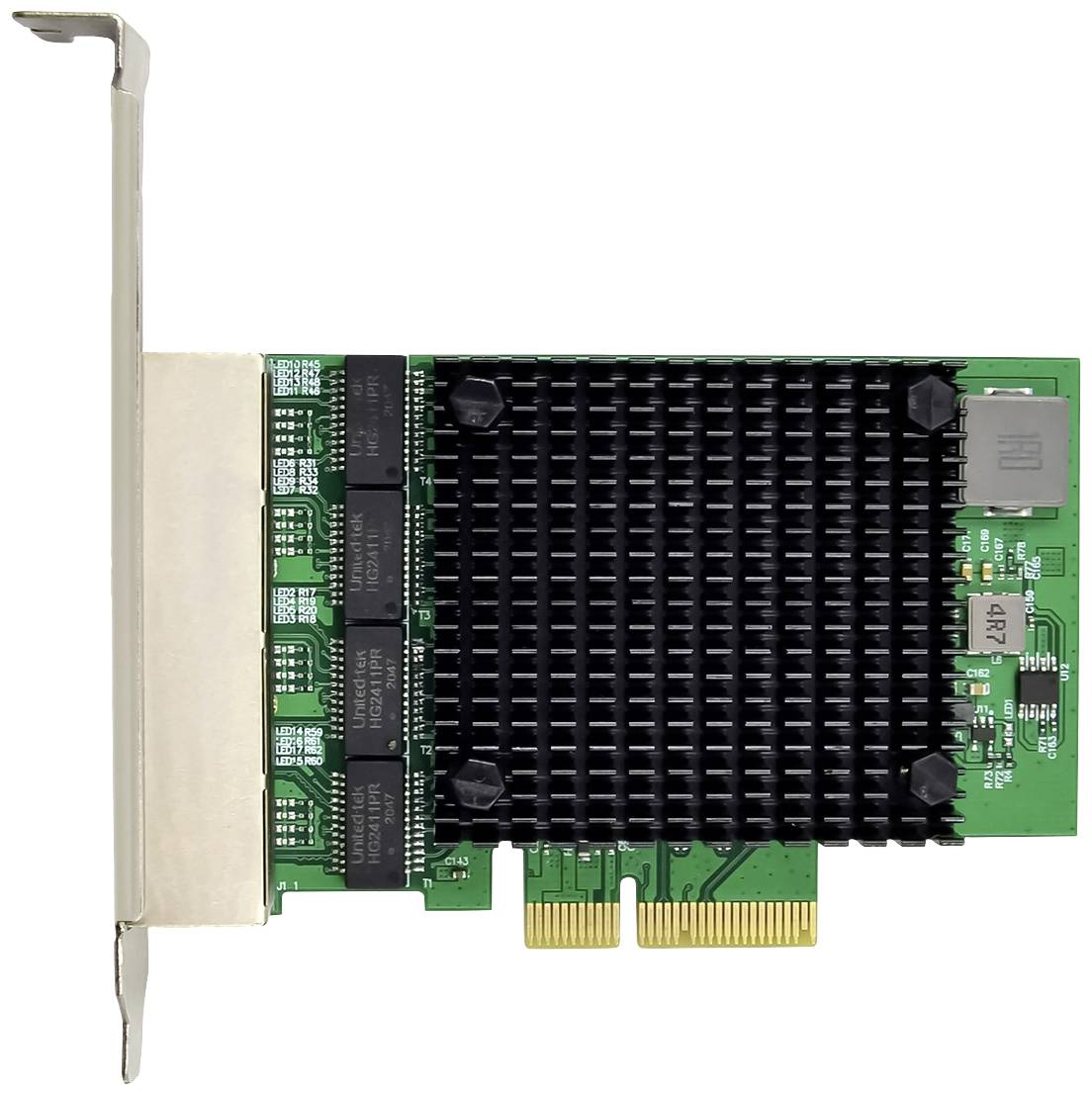 Une carte réseau avec un circuit imprimé vert et un dissipateur thermique noir. Trois connecteurs PCIe sont visibles sur le bord inférieur.