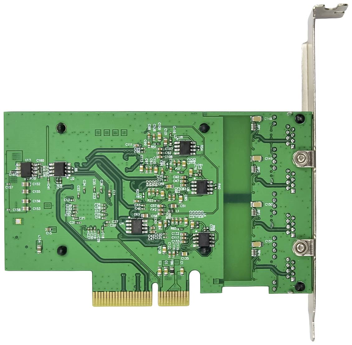 Une carte d'extension PCIe verte avec des circuits et des connecteurs visibles, vue de dessus.