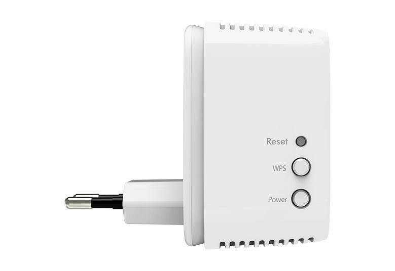 Un répéteur Wi-Fi avec des touches latérales pour 'Réinitialisation', 'WPS' et 'Marche/Arrêt'. Une prise compatible avec les normes européennes est visible.