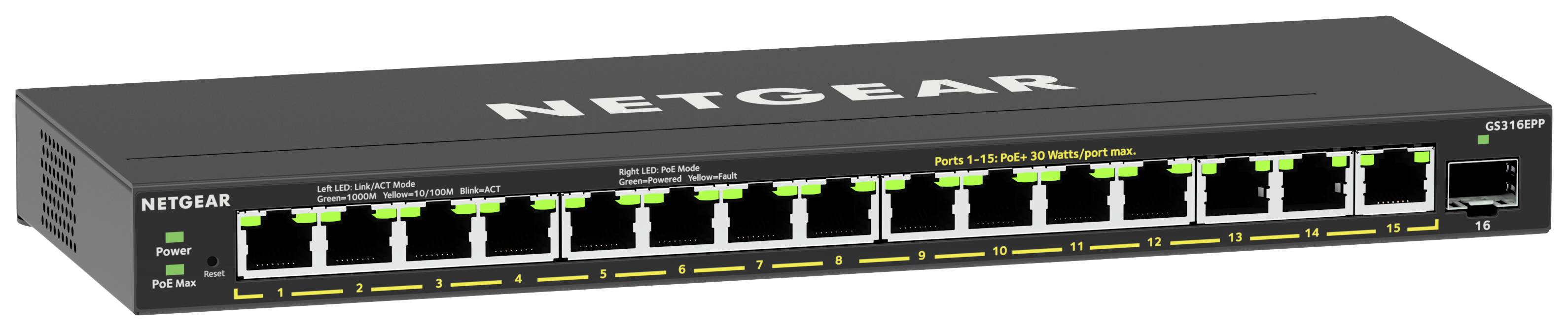 Commutateur réseau Netgear avec 16 ports Ethernet, tous les ports en état de fonctionnement. Appareil permettant de connecter plusieurs appareils réseau.
