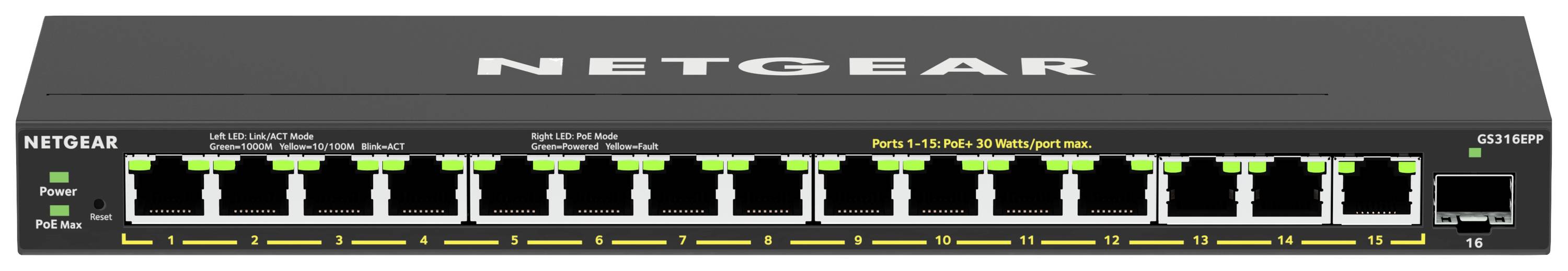 Commutateur réseau Netgear à 16 ports, avec voyants LED pour l'état et la connexion.