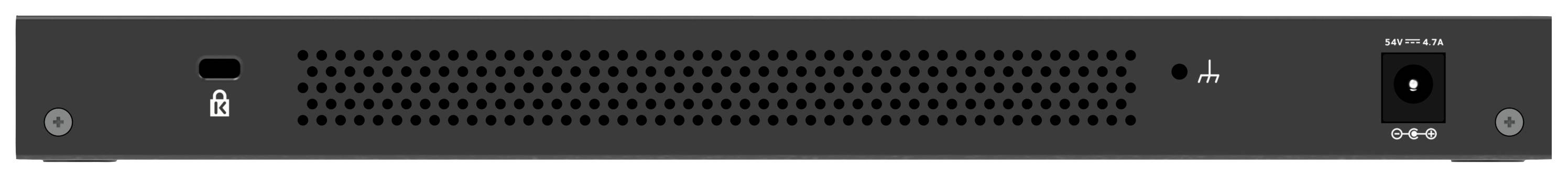 Un appareil réseau noir avec des fentes de ventilation, un symbole de verrouillage à gauche et une prise d'alimentation à droite.