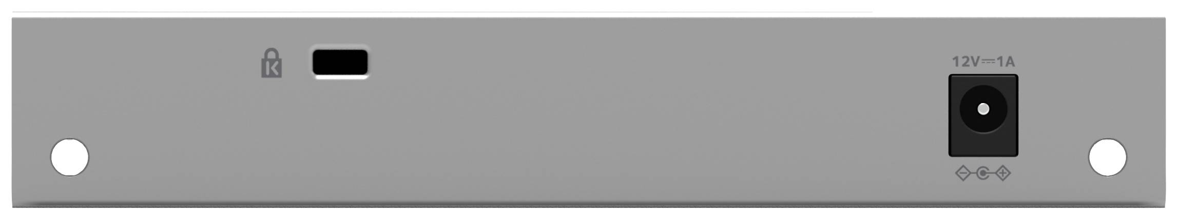 Appareil électronique gris avec un port USB, une prise d'alimentation ronde (12V⎓1A) et deux trous de fixation aux extrémités.