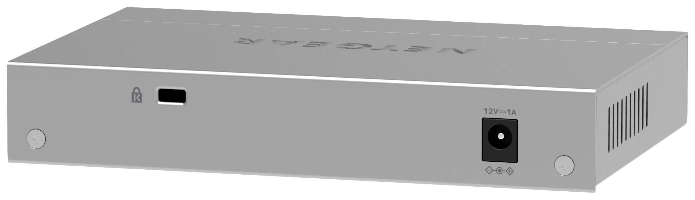 Switch réseau rectangulaire gris avec connexion d'alimentation et fentes de ventilation.