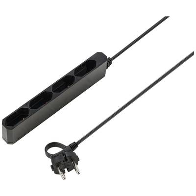 Un câble de rallonge noir avec quatre prises électriques et une fiche connectée à un long câble.