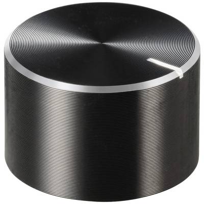 Un bouton de volume cylindrique brillant avec des rainures sur sa surface et une petite bande de marquage blanche.
