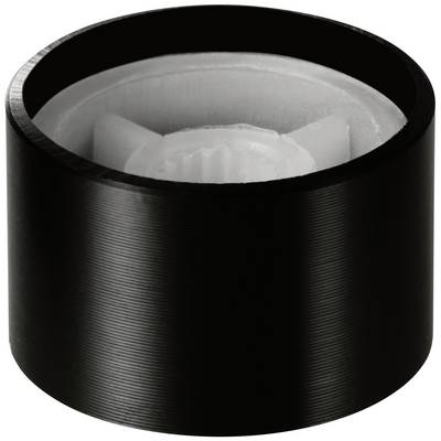 Une roue noire et cylindrique en plastique avec un engrenage blanc au centre.