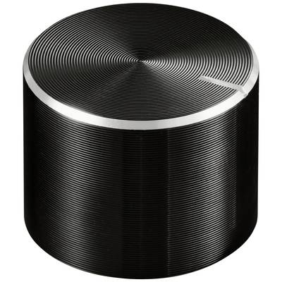 Régulateur de volume cylindrique à surface striée noire et bordure argentée. Un marquage fin indique la position.
