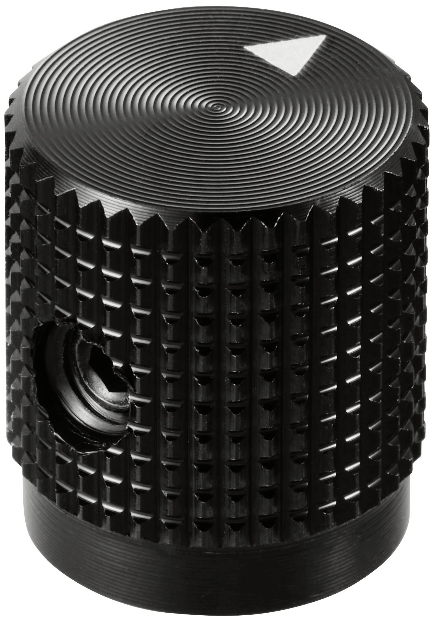 Bouton rotatif noir strié avec une flèche de marquage en haut. Forme cylindrique avec ouverture latérale. Utilisé pour le réglage.