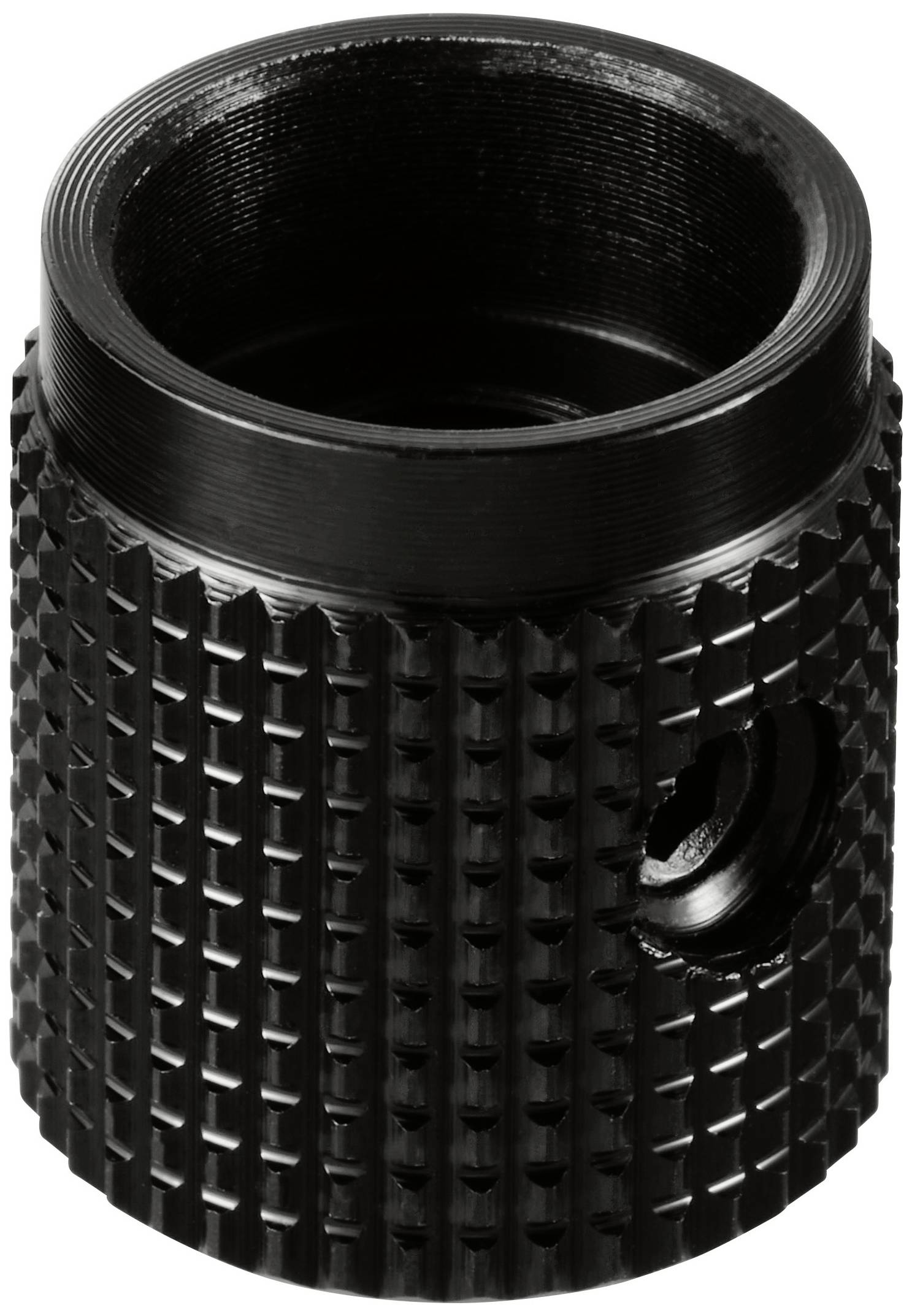 Un adaptateur noir, cylindrique, avec rainurage et connexion filetée latérale.