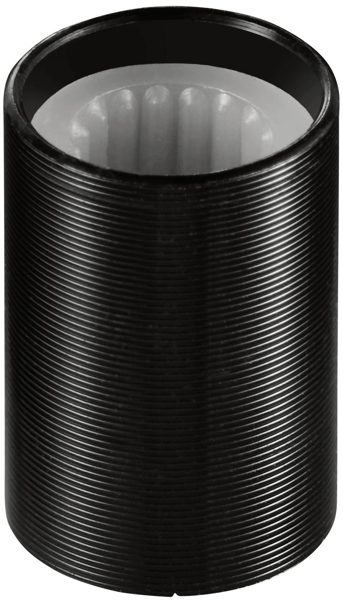 Manchette cylindrique noire à surface cannelée et structure intérieure claire, probablement un composant technique.
