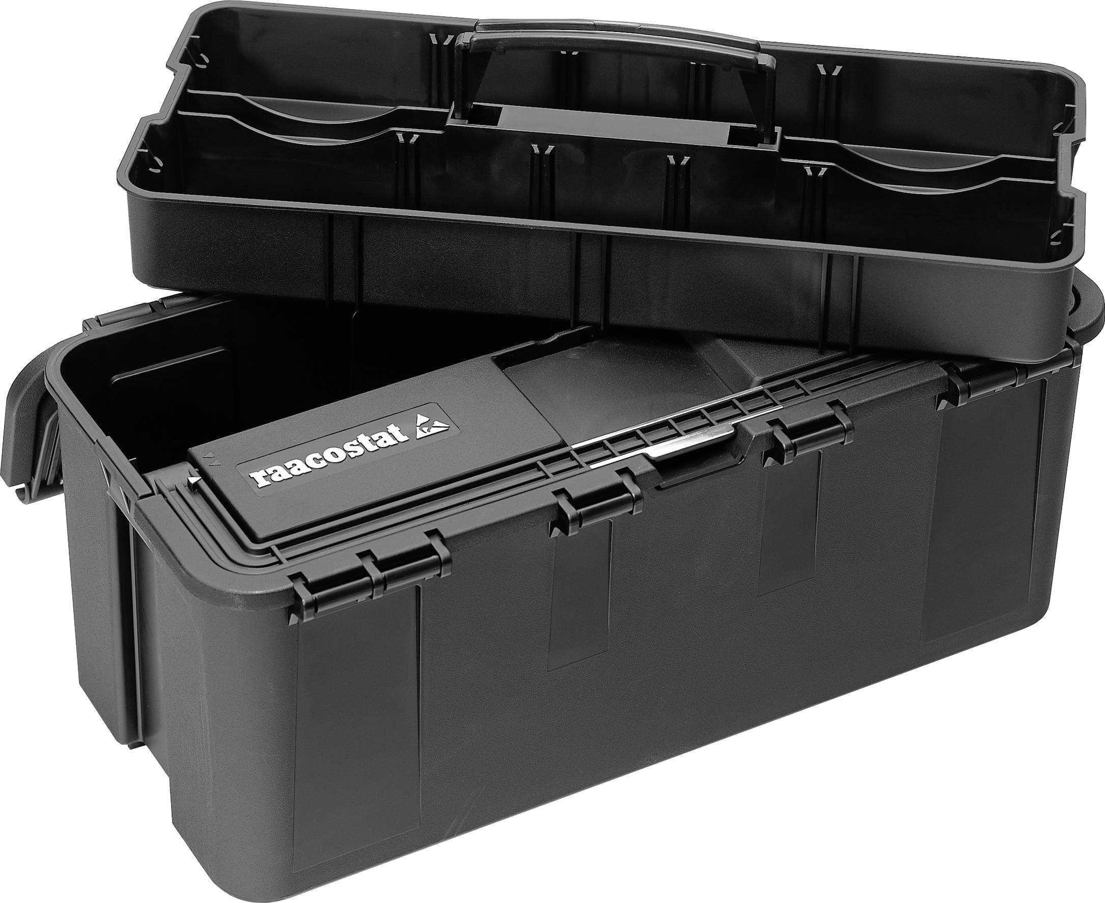 Coffret à outils noir en plastique avec insert amovible, portant le logo 'raaco'. Idéal pour le rangement des outils.
