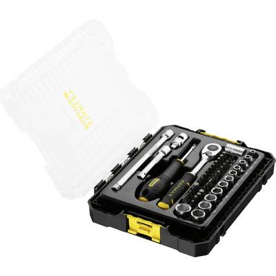 Coffret à outils 'Stanley' comprenant des clés à cliquet, des tournevis et des douilles de différentes tailles.
