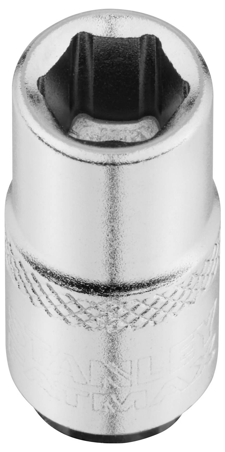 Une noix de métal argentée avec une ouverture hexagonale et une structure de poignée striée.