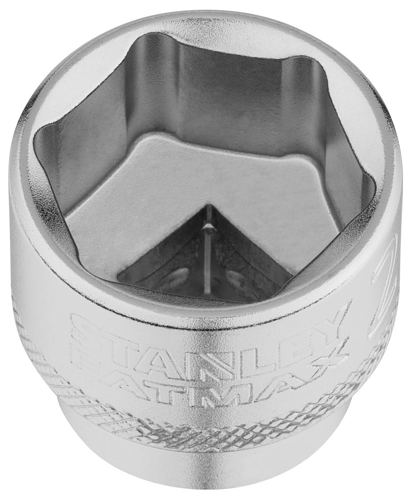 Écrou hexagonal métallique portant l'inscription 'Stanley Fatmax', révélant un filetage intérieur et une surface texturée pour une meilleure prise en main.