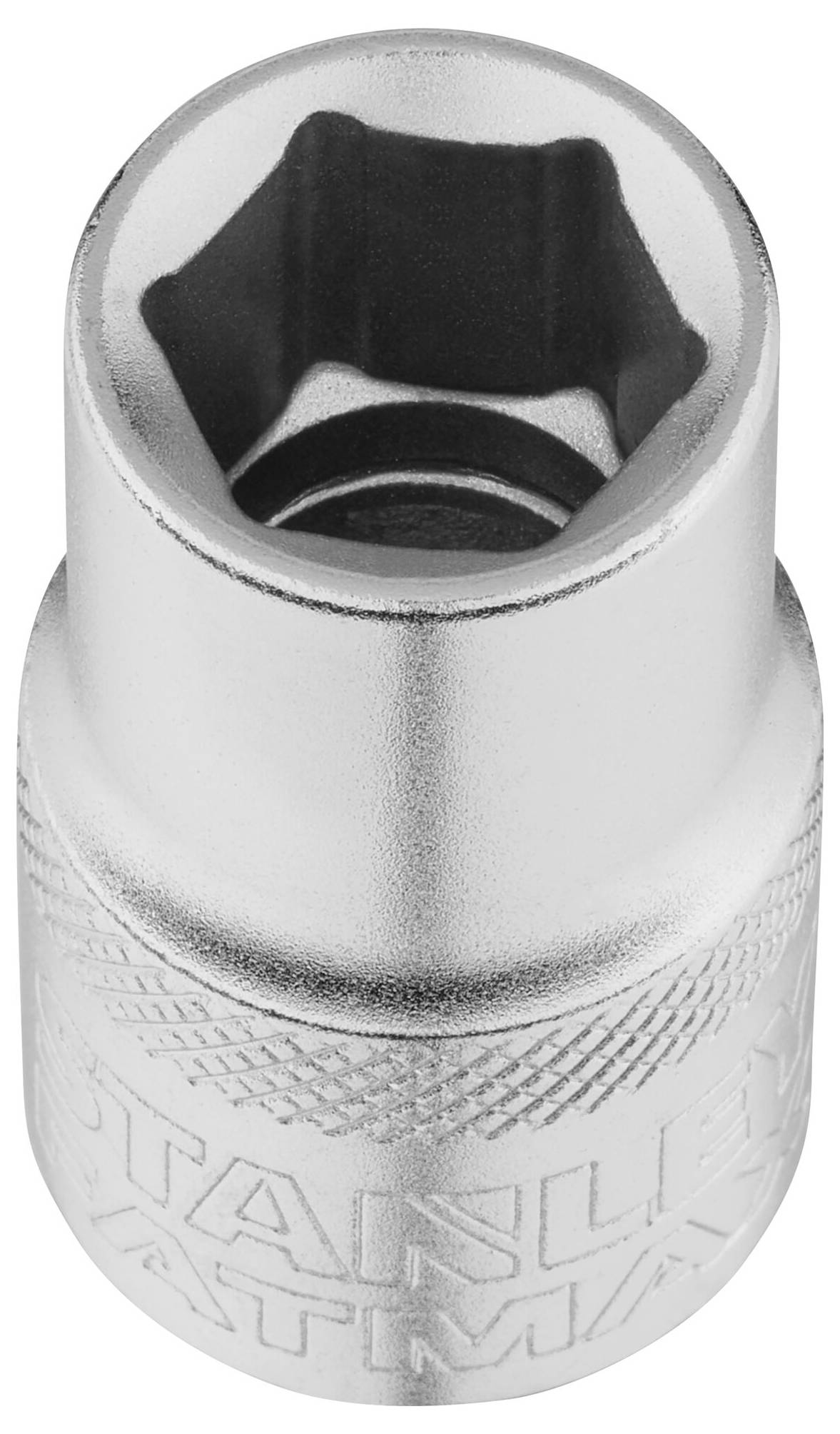 Embout de clé à vis métallique, de forme hexagonale, avec nom de marque imprimé. Utilisé pour serrer ou desserrer des écrous.