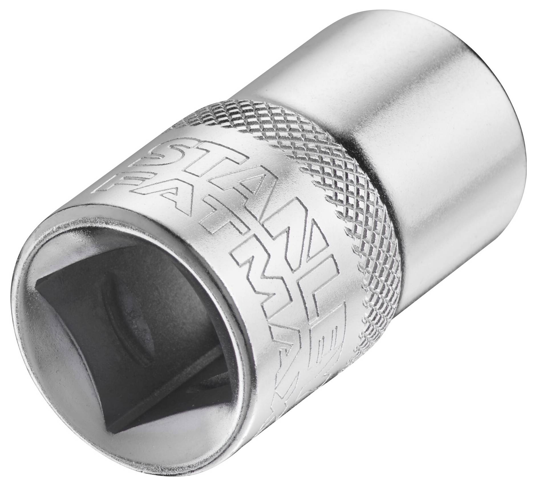 Écrou à tête hexagonale en argent avec profil intérieur hexagonal et poignée striée. Texte gravé 'Stanley Fatmax'. Outil pour assemblages filetés.