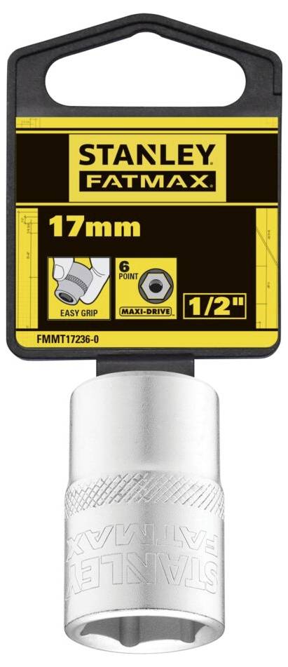 Une douille Stanley FatMax de 17 mm, hexagonale, à entraînement 1/2 pouce, à prise simple. Étiquette d'emballage visible.