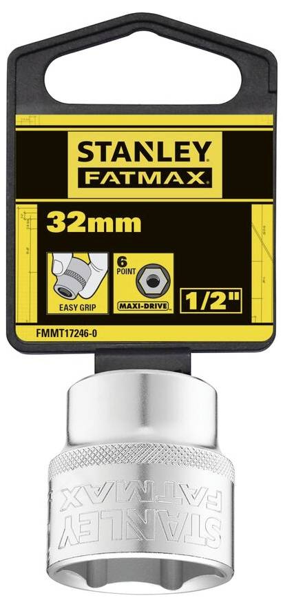 Douille Stanley Fatmax de 32 mm, 6 pans, avec carré de 1/2 pouce et prise Easy Grip. Emballage avec illustration du produit.