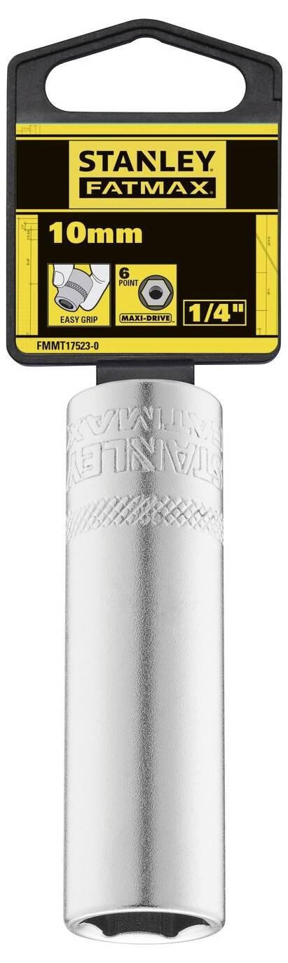 Clé à douille 'STANLEY FATMAX 10mm Easy Grip', couleur argent, avec entraînement 1/4", présentée avec une étiquette d'emballage noire.