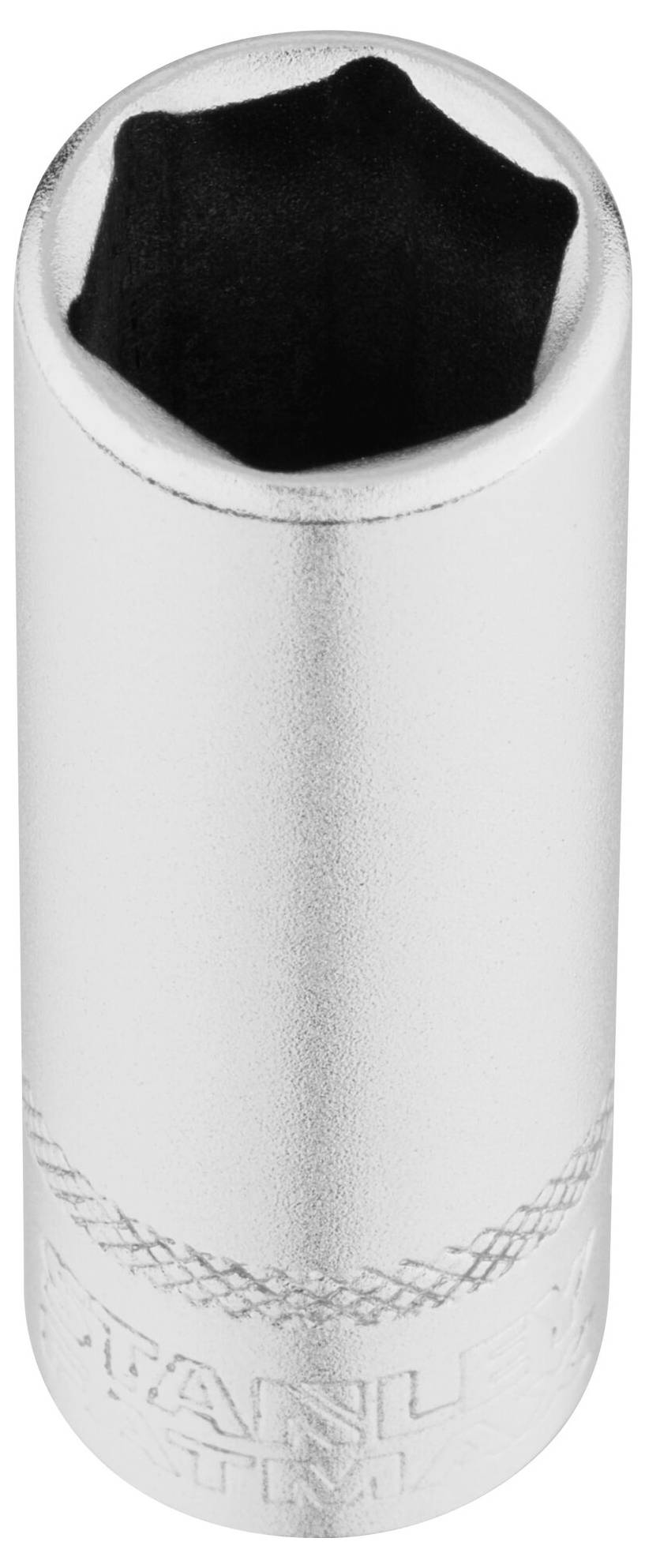 Un embout de clé à douille en argent avec un profil intérieur hexagonal, utilisé pour desserrer ou serrer des vis et des écrous.