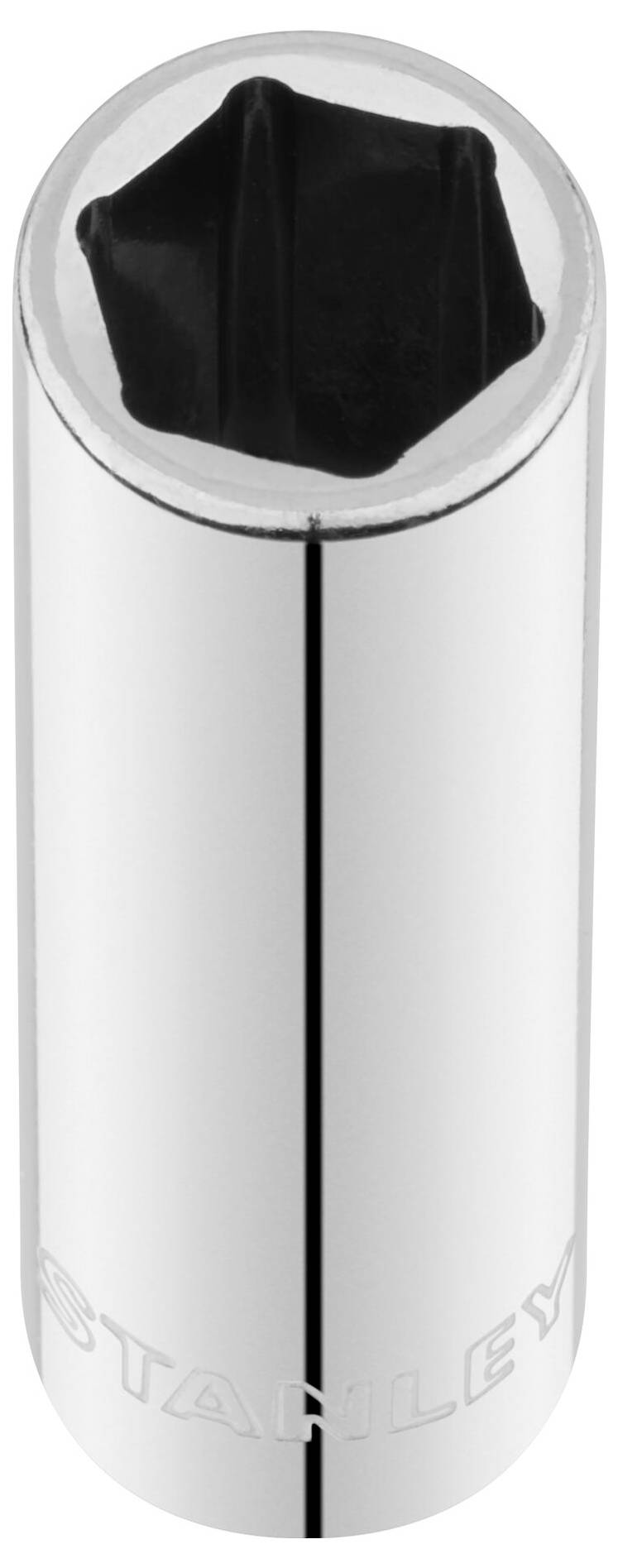 Une clé à douille hexagonale chromée avec le logo de l'entreprise gravé sur le bord inférieur. Outil utilisé pour fixer des vis et des écrous.