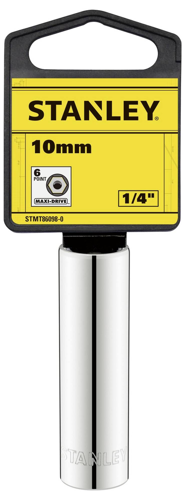 Embout de clé à douille Stanley, 10 mm, 1/4 pouce, adapté pour les vis à tête hexagonale, poignée noire avec étiquette jaune.