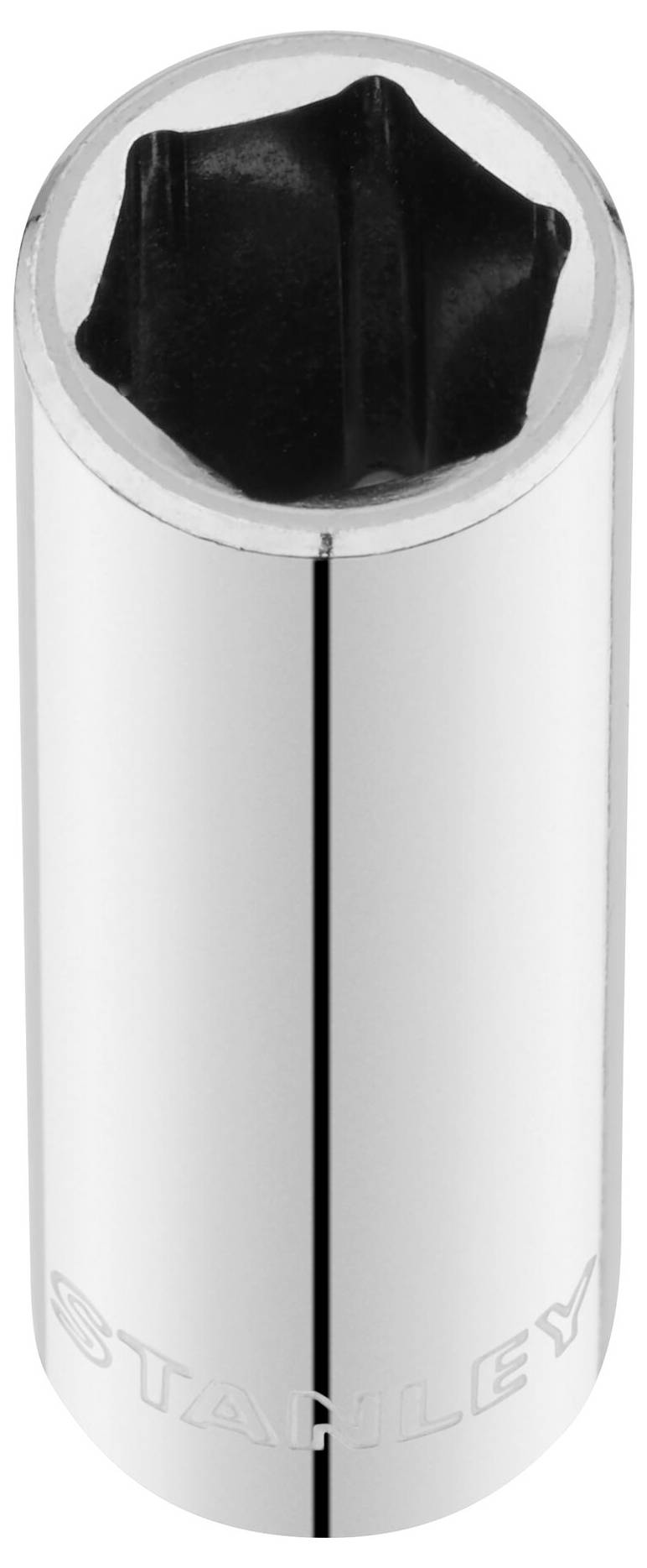 Illustration d'une clé à douille hexagonale de Stanley. La clé est métallique, brillante et de forme cylindrique.