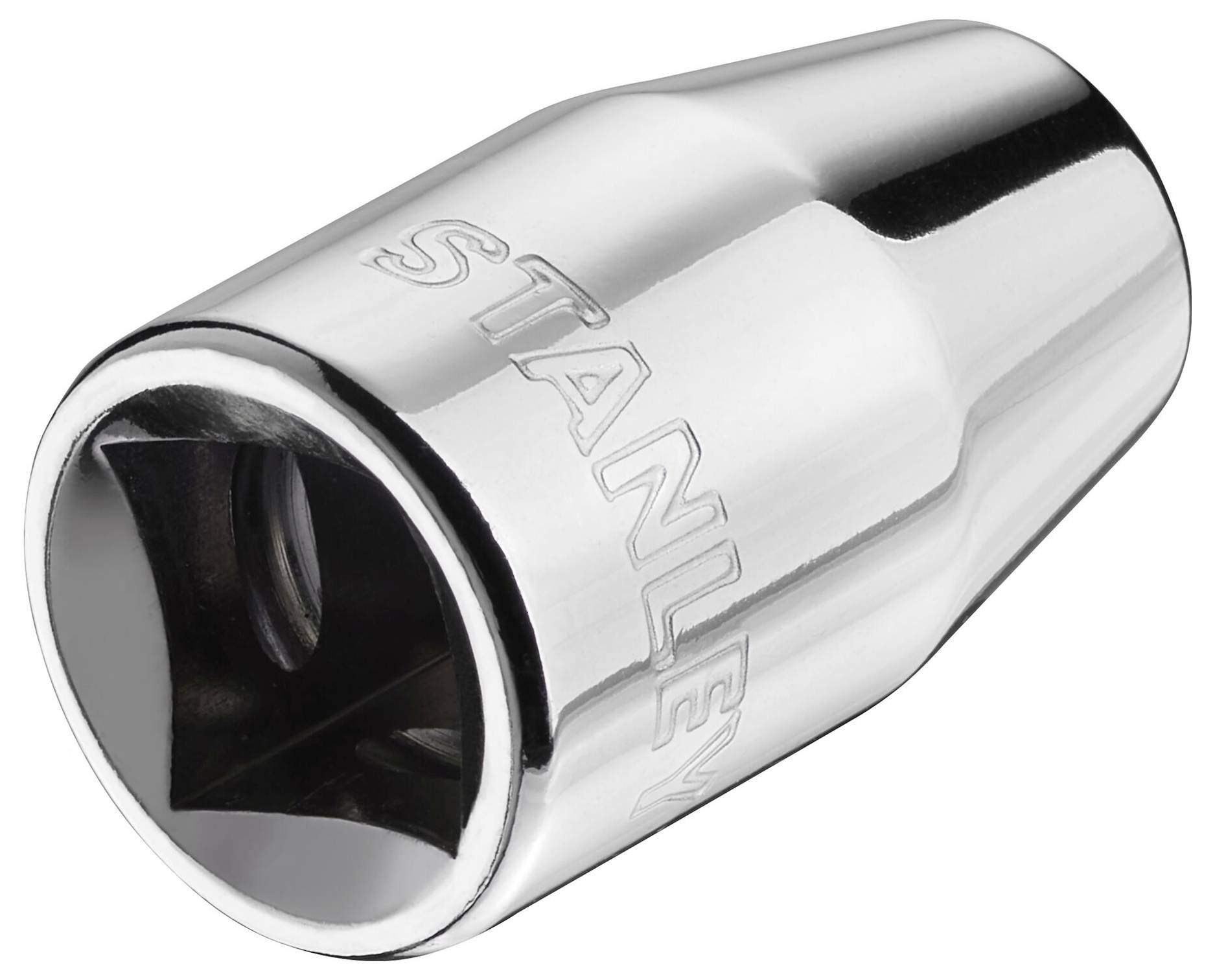 Noix de chrome brillante à ouverture hexagonale, adaptée aux tournevis et clés à cliquet. Inscription gravée 'Stanley'.