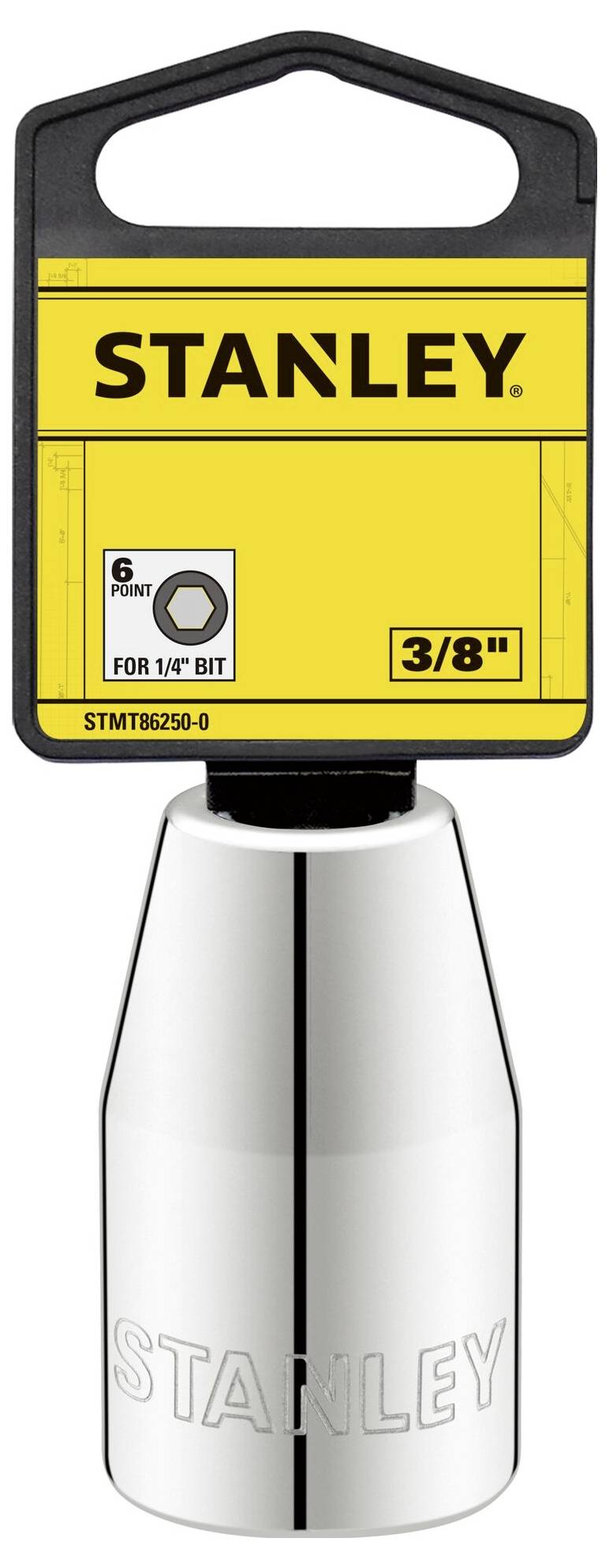 Adaptateur de clé à cliquet Stanley, 3/8 pouces, hexagonal, compatible avec embout 1/4, couleur argent.