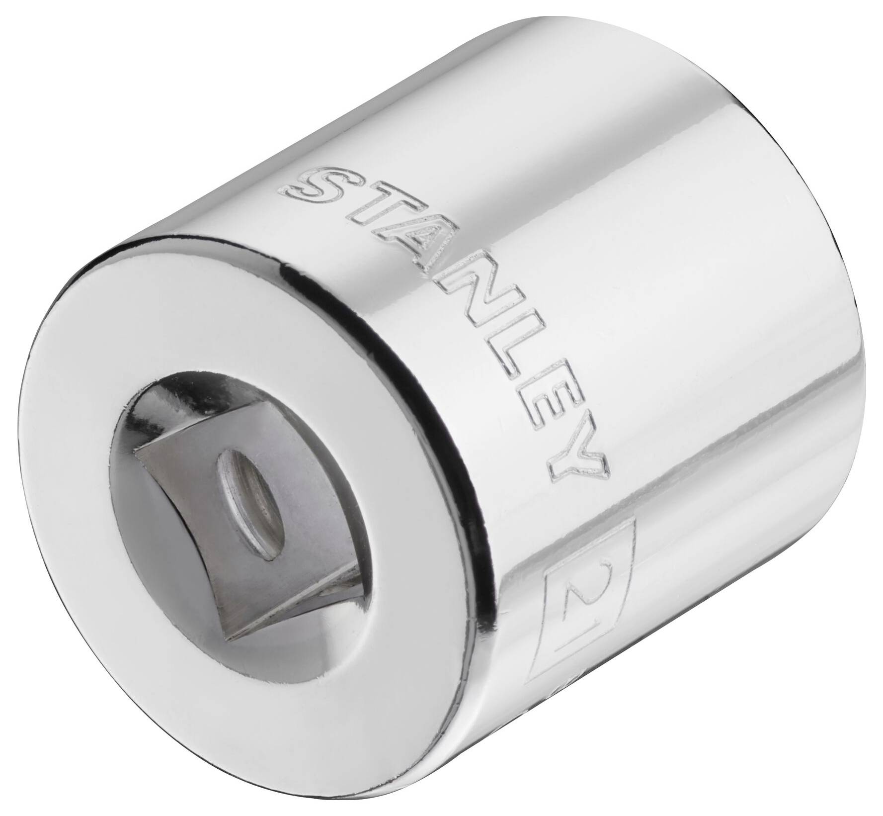 Une douille hexagonale chromée de Stanley pour cliquet. Elle présente un carré d'entraînement interne et la gravure '12'.