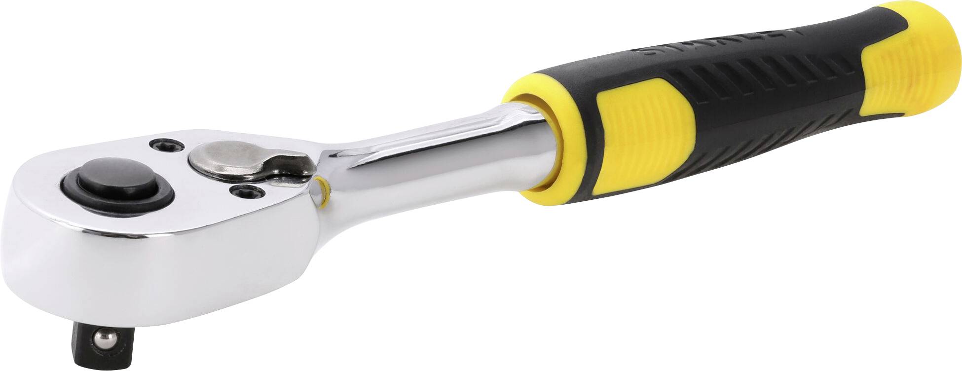 Clé à cliquet avec poignée ergonomique en noir et jaune. La tête du cliquet est chromée et pivotante.