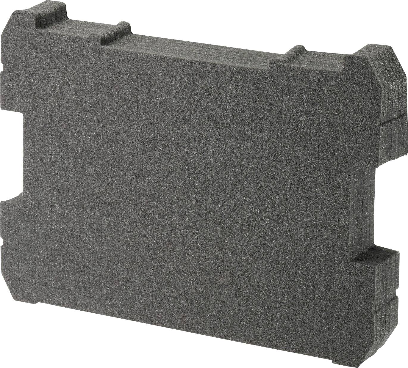 Un bloc de mousse rectangulaire avec des évidements sur les bords et une surface structurée, probablement destiné à être une pièce d'emballage.