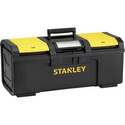 Boîte à outils noire avec rabats jaunes, inscription 'STANLEY' en jaune sur l'avant, poignée de transport en haut.