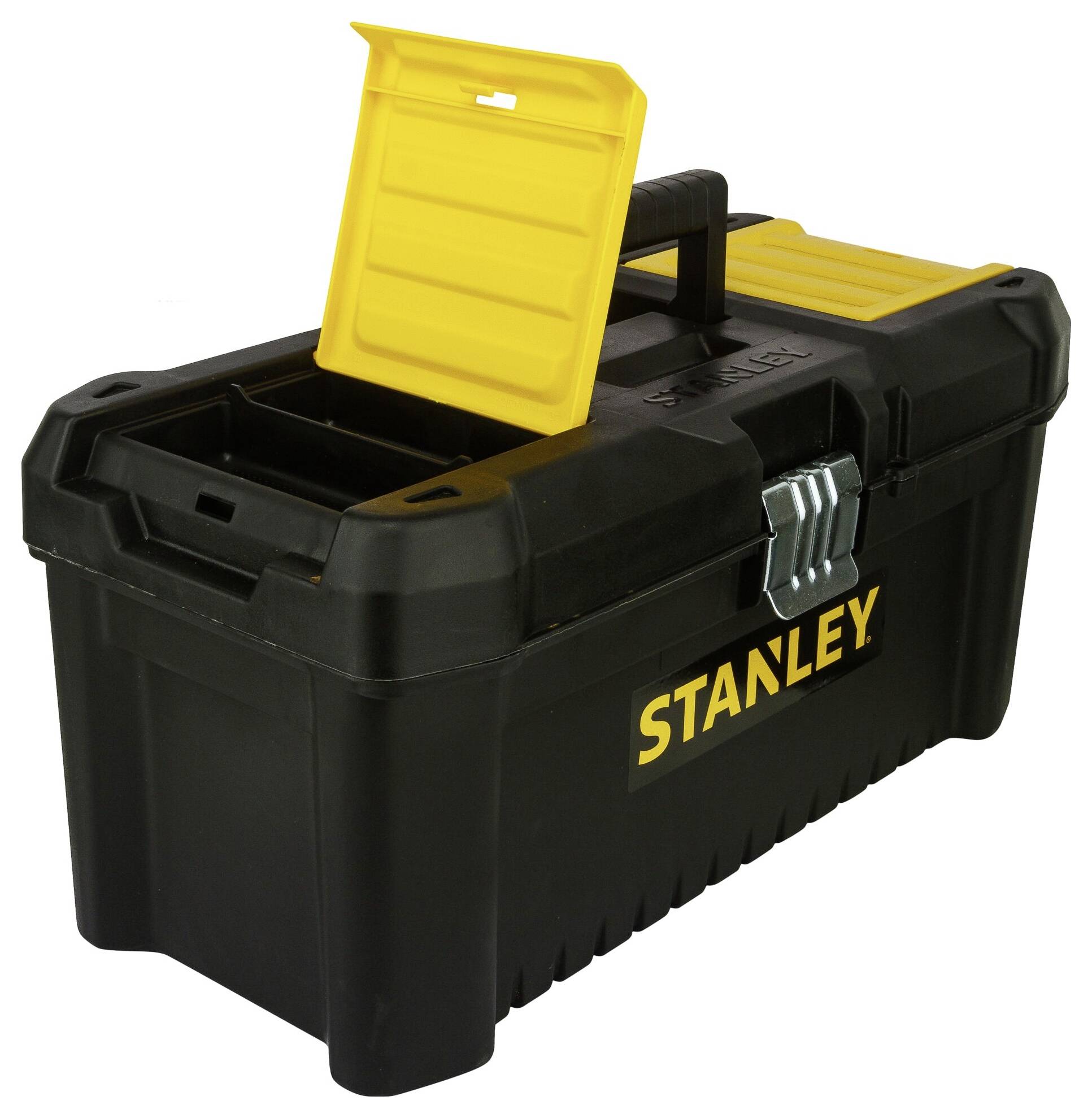 Boîte à outils noire avec couvercle jaune, de la marque 'Stanley'. Le couvercle est légèrement ouvert, révélant l'espace de rangement supérieur. Poignée de transport en haut.