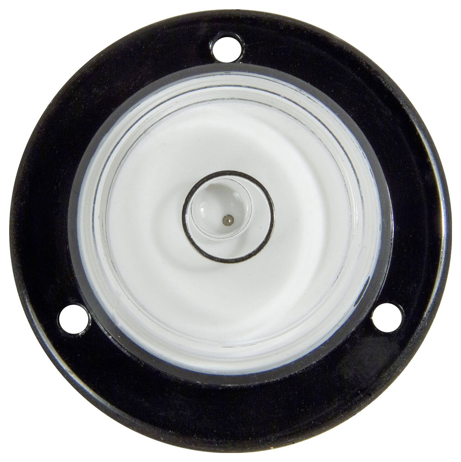 Bride en métal noir rond avec un insert central en céramique blanche, entourée de trois trous de vis.