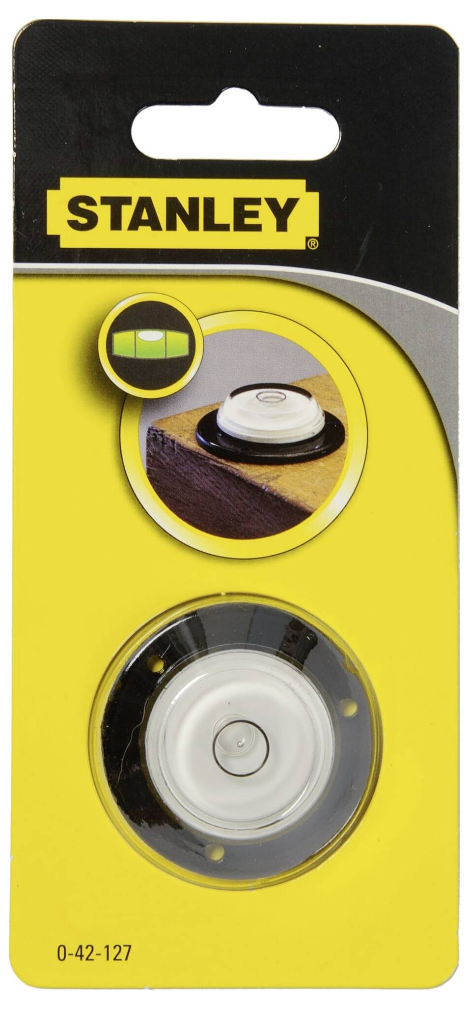 Emballage d'un niveau à bulle rond de Stanley, fond jaune avec une image du niveau sur du bois. Code produit : 0-42-127.