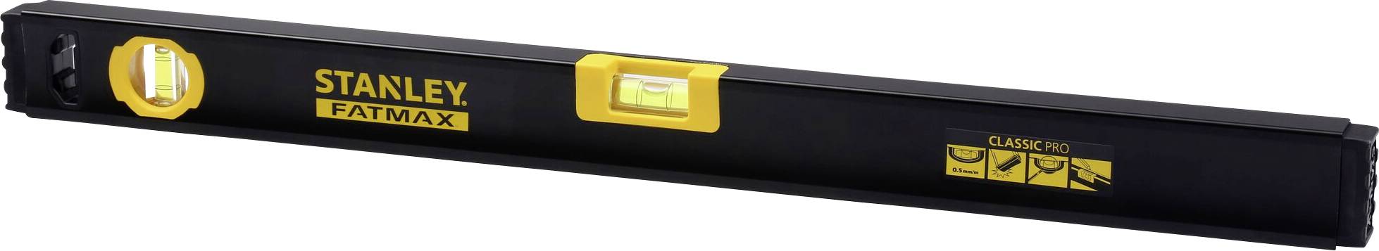 Niveau à bulle Stanley Fatmax avec boîtier de niveau jaune, dos noir et symboles pour applications de précision.
