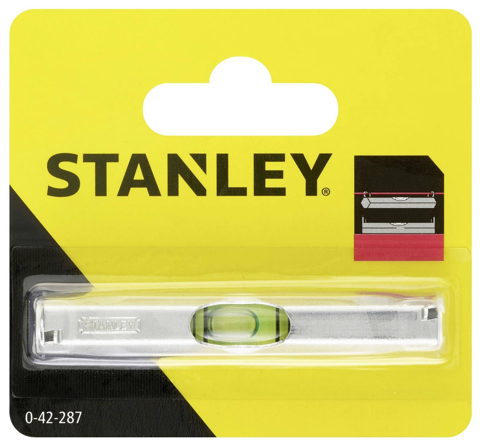 'Niveau à bulle de torpille Stanley emballé avec un fond jaune et noir, montrant un niveau à bulle vert au centre, numéro de modèle 0-42-287.'