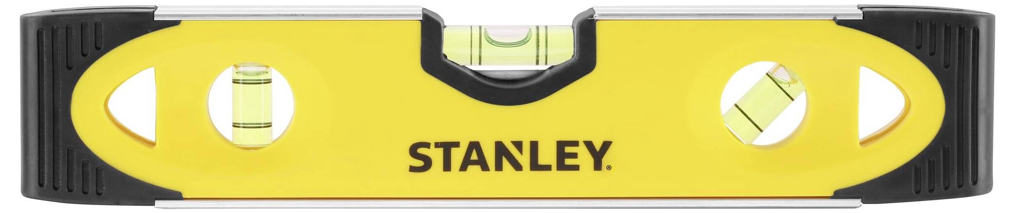 Niveau à bulle jaune avec deux fioles et l'inscription 'STANLEY', utilisé pour mesurer les alignements horizontaux et verticaux.