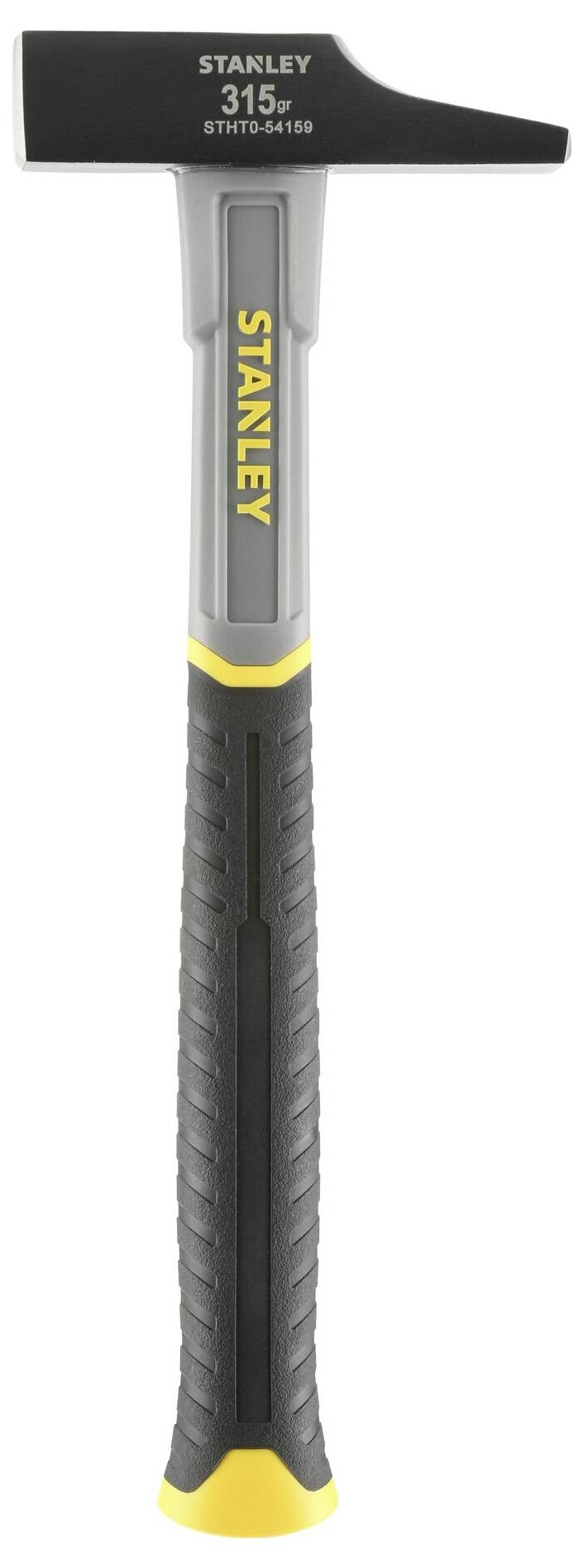 Un marteau avec une poignée jaune et noire. Sur la tête, il est inscrit 'STANLEY 315g'. Conçu pour les travaux manuels.
