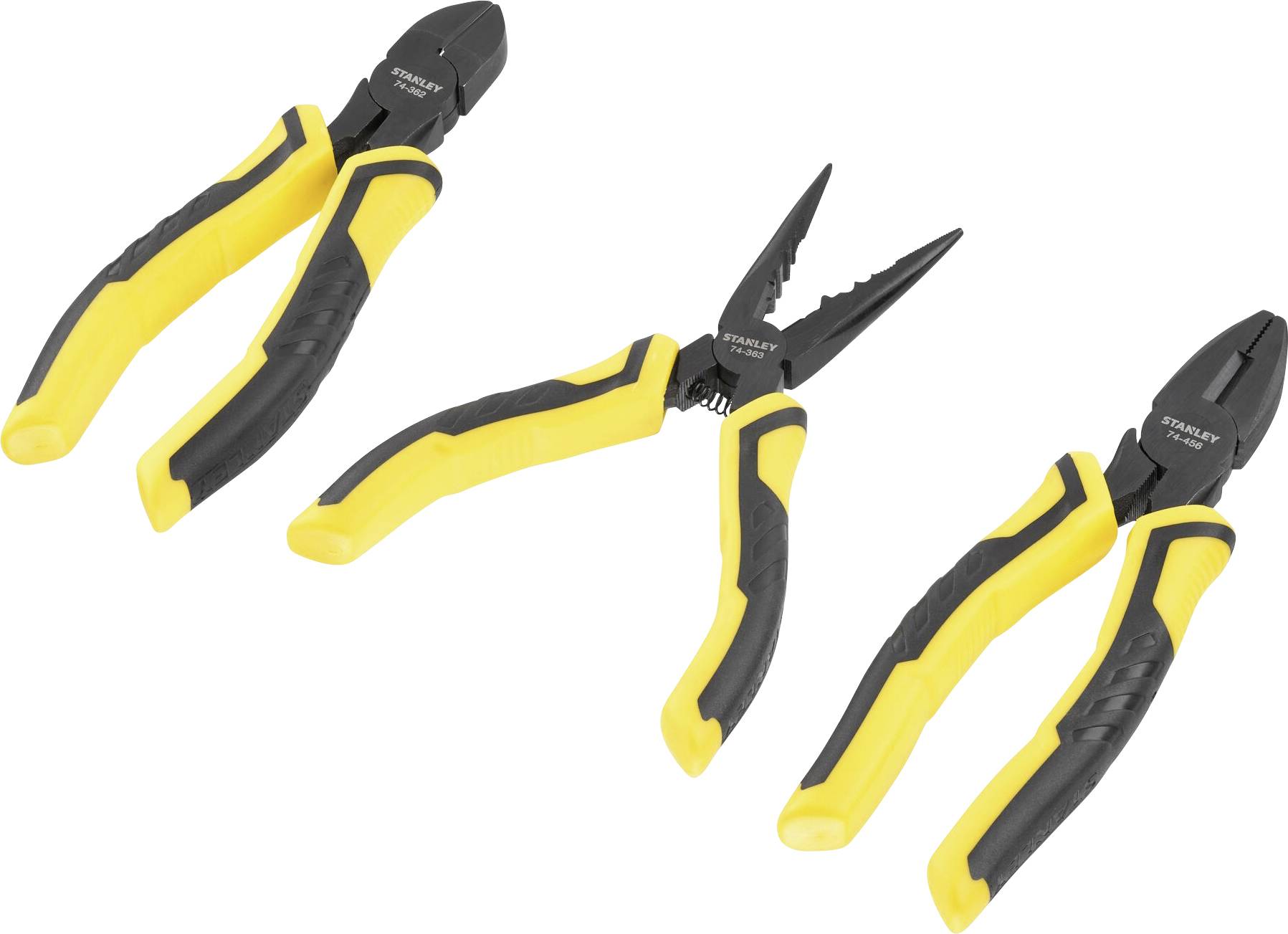 Trois pinces avec des poignées jaune et noir. De gauche à droite : pince coupante, pince à bec pointu, pince multifonction. Nom de marque visible sur les outils.