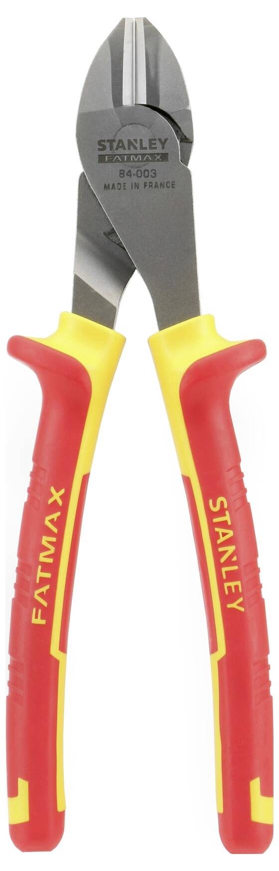 Pince coupante avec manche rouge et jaune, marque 'Stanley'.