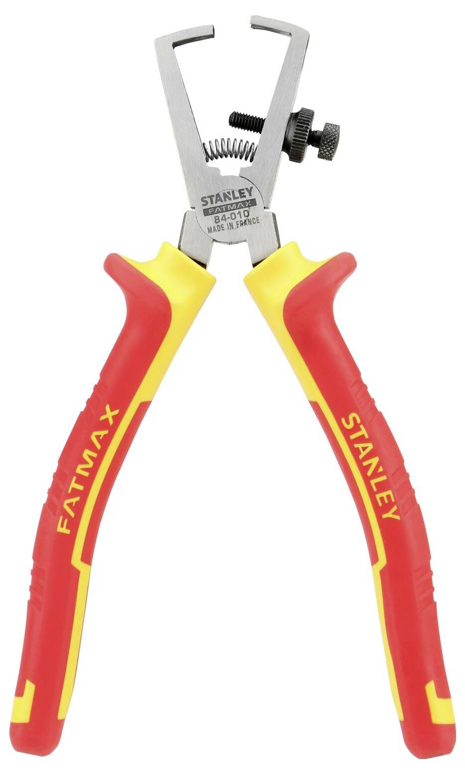 Sur l'image figure une pince à dénuder rouge et jaune portant l'inscription 'Stanley Fatmax', conçue pour retirer l'isolation des câbles.