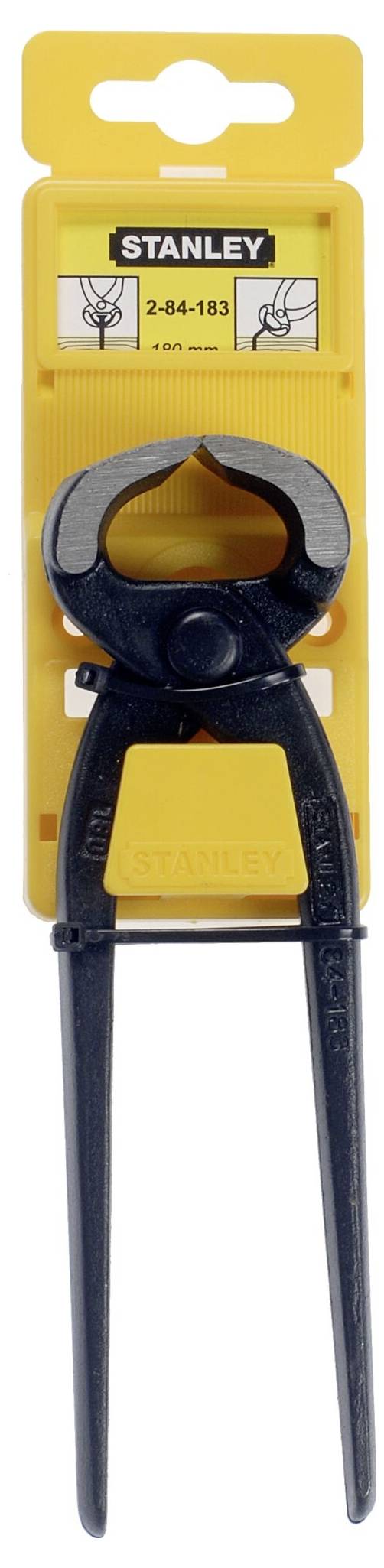 Pince de la marque 'Stanley' dans un emballage jaune, adaptée pour couper des fils, d'une longueur de 215 mm. L'emballage présente des symboles d'utilisation.